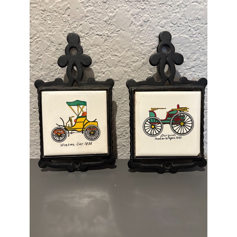 Used Vintage Cast Iron & Ceramicβ Tile Trivets, Set of 2